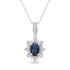 Thumbnail Image 0 of Oval Blue Sapphire and 0.08 CT. T.W. Diamond Sunburst Frame Vintage-Style Drop Pendant in 10K White Gold