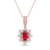 Thumbnail Image 0 of Oval Ruby and 0.08 CT. T.W. Diamond Sunburst Frame Vintage-Style Drop Pendant in 10K Rose Gold