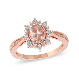 Oval Morganite and 0.10 CT. T.W. Diamond Sunburst Frame Vintage-Style Tapered Shank Ring in 10K Rose Gold