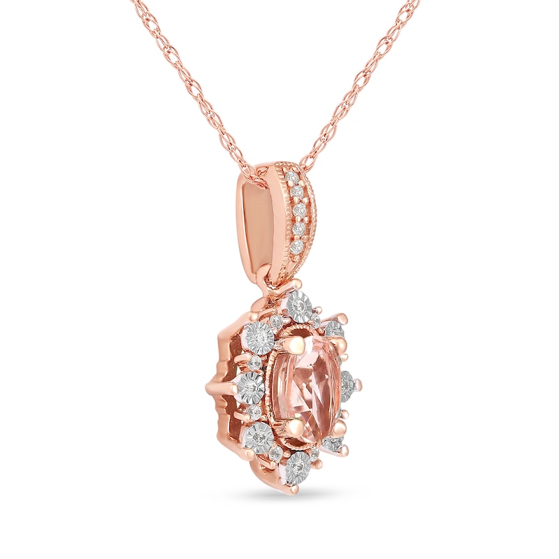 Oval Morganite and 0.08 CT. T.W. Diamond Sunburst Frame Vintage-Style Drop Pendant in 10K Rose Gold|Peoples Jewellers