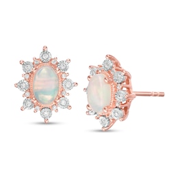 Oval Opal and 0.12 CT. T.W. Diamond Starburst Frame Vintage-Style Stud Earrings in 10K Rose Gold