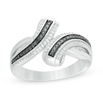 0.07 CT. T.W. Enhanced Black and White Diamond Crossover Multi-Row Ring in Sterling Silver - Size 7