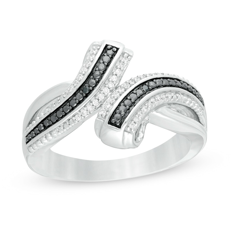 0.07 CT. T.W. Enhanced Black and White Diamond Crossover Multi-Row Ring in Sterling Silver - Size 7|Peoples Jewellers