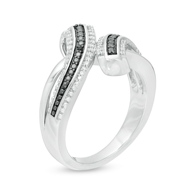 0.07 CT. T.W. Enhanced Black and White Diamond Crossover Multi-Row Ring in Sterling Silver - Size 7