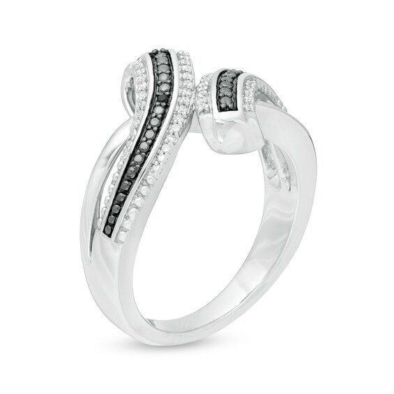 0.07 CT. T.W. Enhanced Black and White Diamond Crossover Multi-Row Ring in Sterling Silver - Size 7