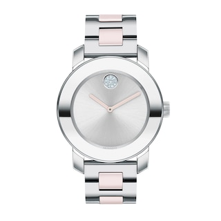 Ladies' Movado Bold® Crystal Accent Pink Ceramic and Silver-Tone Watch (Model: 3600702)