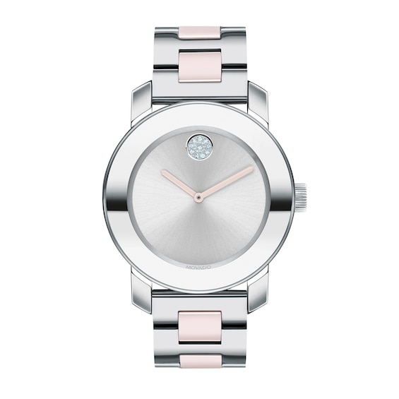 Ladies' Movado Bold® Crystal Accent Pink Ceramic and Silver-Tone Watch (Model: 3600702)