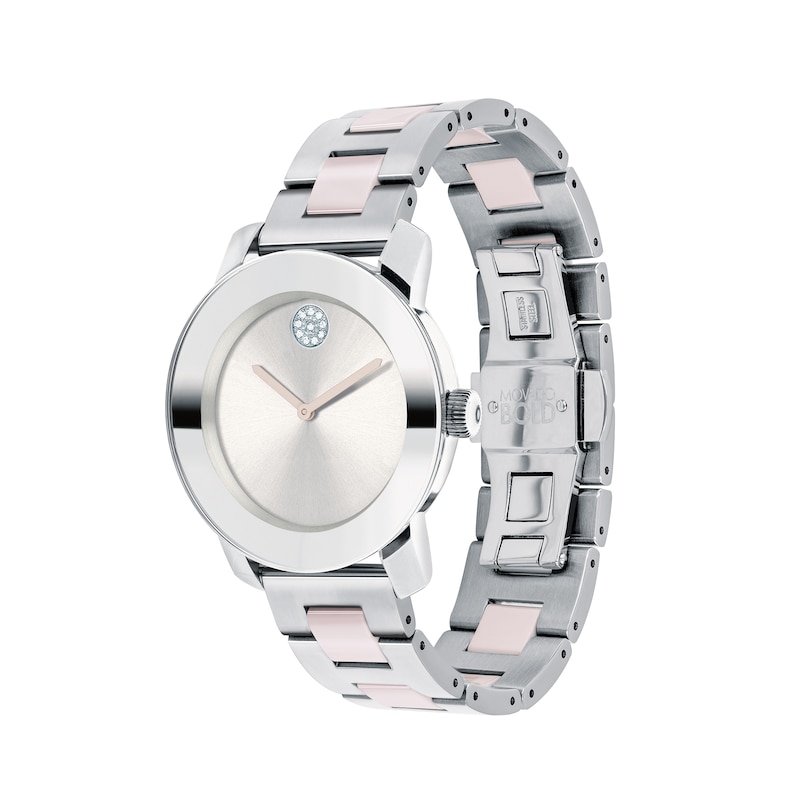 Ladies' Movado Bold® Crystal Accent Pink Ceramic and Silver-Tone Watch (Model: 3600702)|Peoples Jewellers