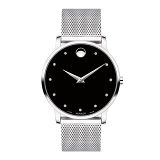 Men's Movado Museum® Classic Diamond Accent Silver-Tone Mesh Watch with Black Dial (Model: 607511)