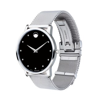 Men's Movado Museum® Classic Diamond Accent Silver-Tone Mesh Watch with Black Dial (Model: 607511)