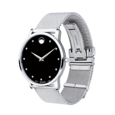 Men's Movado Museum® Classic Diamond Accent Silver-Tone Mesh Watch with Black Dial (Model: 607511)