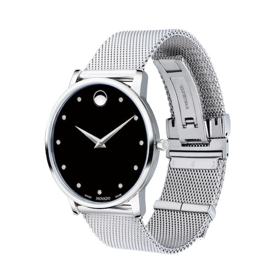 Men's Movado Museum® Classic Diamond Accent Silver-Tone Mesh Watch with Black Dial (Model: 607511)