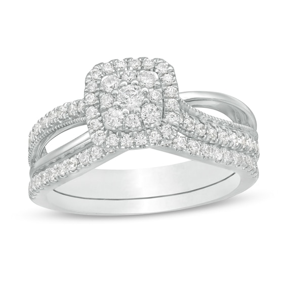 0.63 CT. T.W. Composite Diamond Cushion Frame Split Shank Bridal Set in 10K White Gold