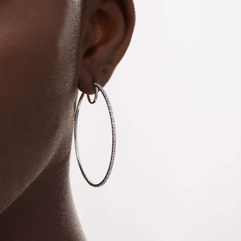 0.51 CT. T.W. Baguette and Round Diamond Alternating Hoop Earrings in 10K White Gold|Peoples Jewellers