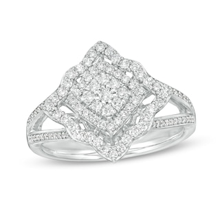 0.50 CT. T.W. Composite Diamond Tilted Cushion Frame Split Shank Ring in 10K White Gold