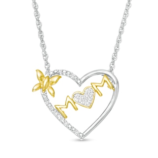 0.04 CT. T.W. Diamond Butterfly and "mom" Heart Necklace in Sterling Silver and 10K Gold