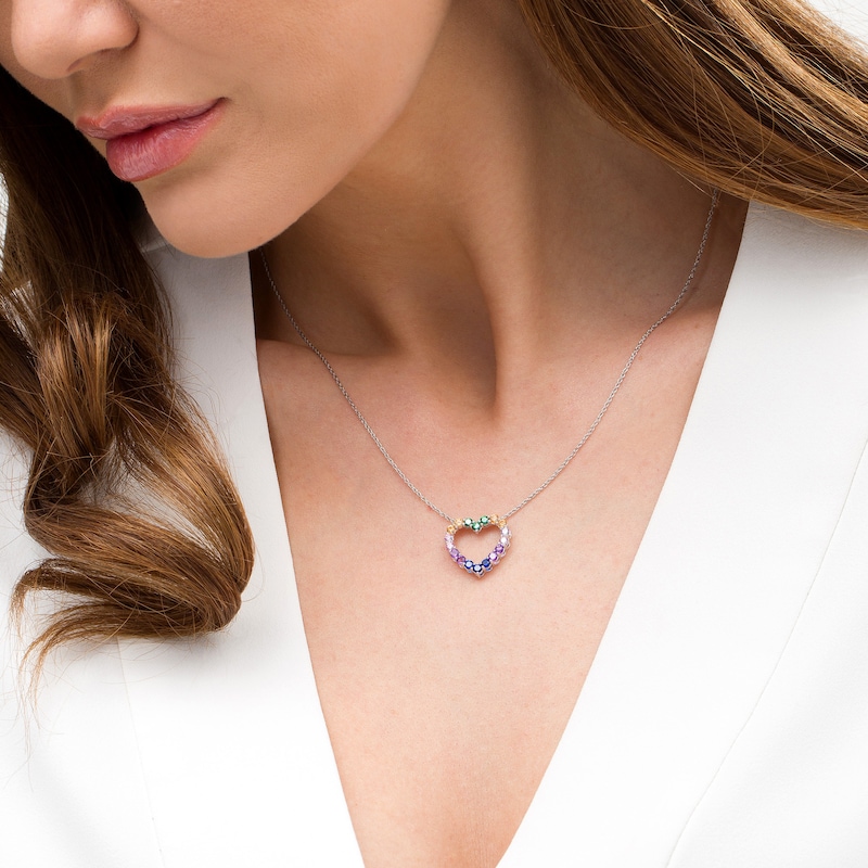Simulated Multi-Colour Sapphire Heart Outline Pendant in Sterling Silver|Peoples Jewellers