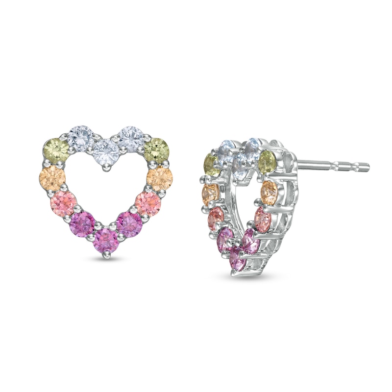 Simulated Light Multi-Colour Sapphire Heart Outline Stud Earrings in Sterling Silver|Peoples Jewellers