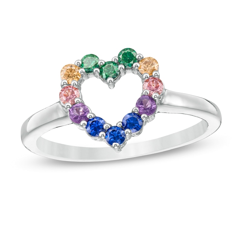 Simulated Multi-Colour Sapphire Heart Outline Ring in Sterling Silver|Peoples Jewellers