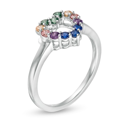 Simulated Multi-Colour Sapphire Heart Outline Ring in Sterling Silver