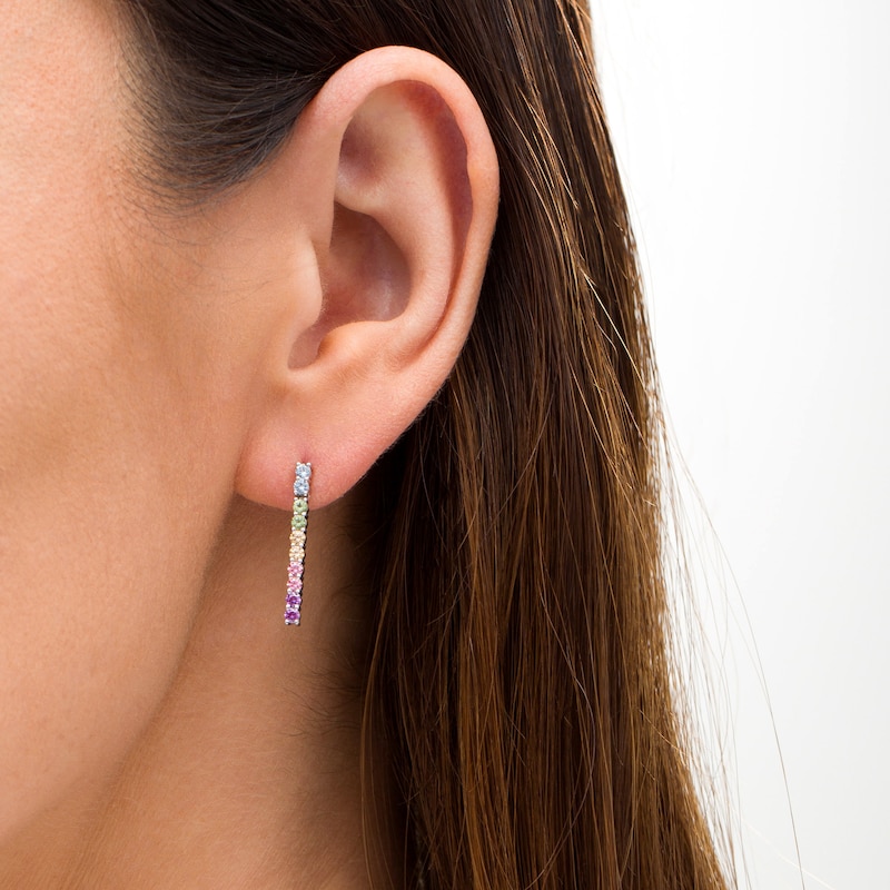 Simulated Light Multi-Colour Sapphire Duos Linear Bar Drop Earrings in Sterling Silver