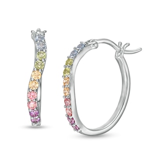 Simulated Light Multi-Colour Sapphire Duos Wave Hoop Earrings in Sterling Silver