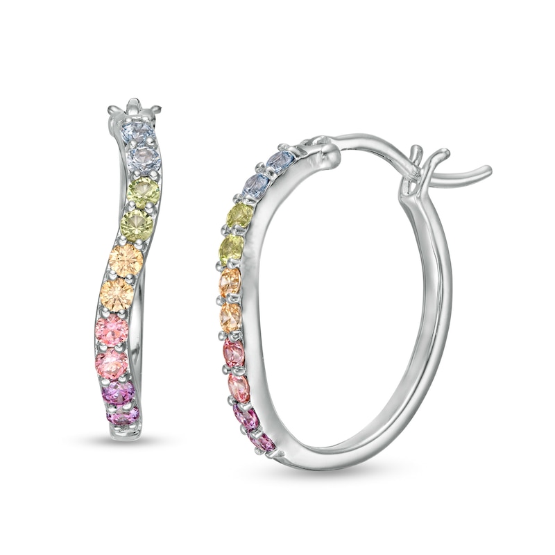 Simulated Light Multi-Colour Sapphire Duos Wave Hoop Earrings in Sterling Silver
