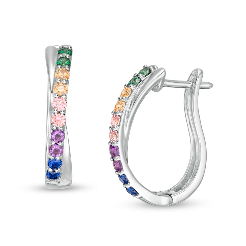Simulated Multi-Colour Sapphire Duos Criss-Cross Hoop Earrings in Sterling Silver|Peoples Jewellers