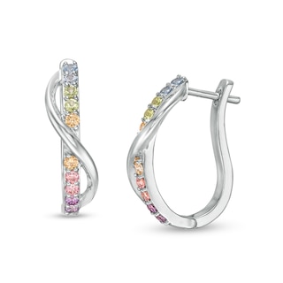 Simulated Light Multi-Colour Sapphire Duos Ribbon Swirl Hoop Earrings in Sterling Silver