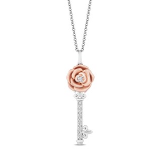 Enchanted Disney Belle 0.085 CT. T.W. Diamond Rose-Top Key Pendant in Sterling Silver and 10K Rose Gold - 19"