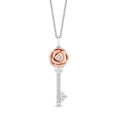 Enchanted Disney Belle 0.085 CT. T.W. Diamond Rose-Top Key Pendant in Sterling Silver and 10K Rose Gold - 19"