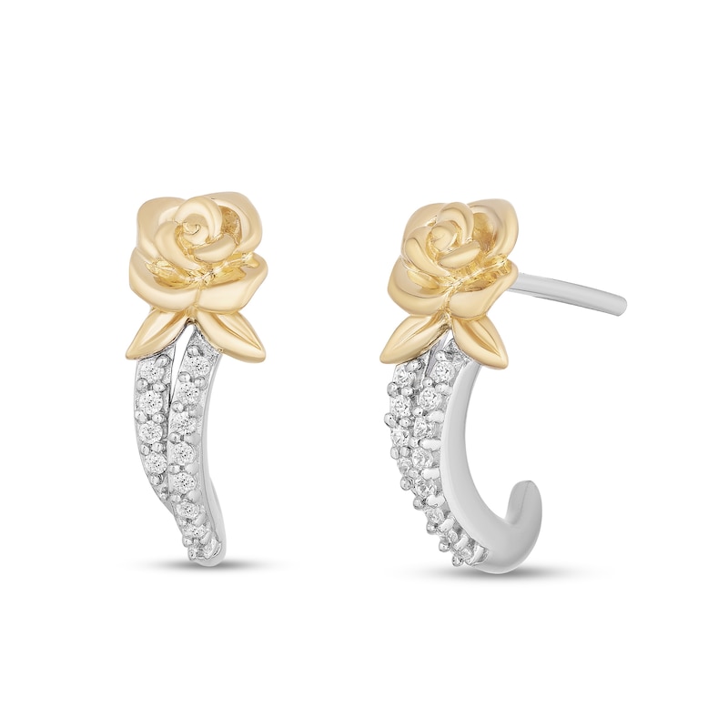 Enchanted Disney Belle 0.085 CT. T.W. Diamond Rose J-Hoop Earrings in Sterling Silver and 10K Gold|Peoples Jewellers