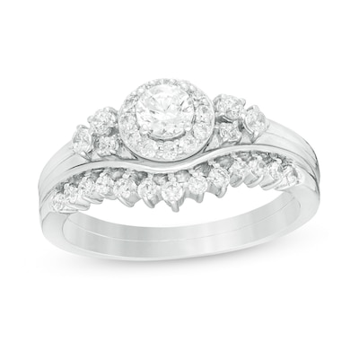 0.58 CT. T.W. Diamond Frame Tri-Sides Bridal Set in 10K White Gold