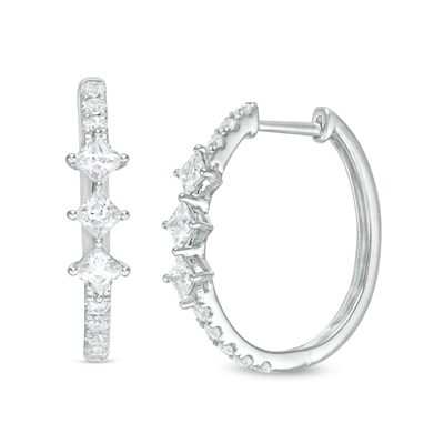 1.00 CT. T.W. Princess-Cut Diamond Past Present Future® Tilted Hoop Earrings in 10K White Gold