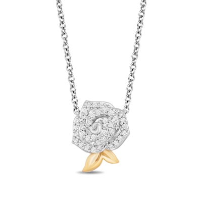 Enchanted Disney Belle 0.145 CT. T.W. Diamond Rose Necklace in Sterling Silver and 10K Gold