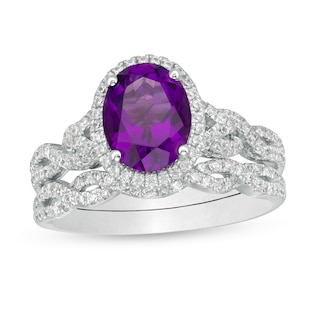 Oval Amethyst and 0.52 CT. T.W. Diamond Frame Twist Shank Bridal Set in 14K White Gold