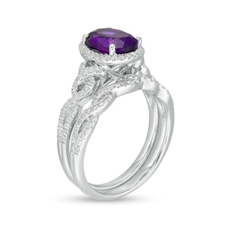 Oval Amethyst and 0.52 CT. T.W. Diamond Frame Twist Shank Bridal Set in 14K White Gold