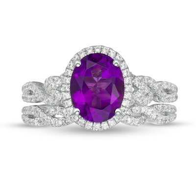 Oval Amethyst and 0.52 CT. T.W. Diamond Frame Twist Shank Bridal Set in 14K White Gold