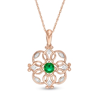 4.0mm Lab-Created Emerald and 0.04 CT. T.W. Diamond Filigree Clover Pendant in 10K Rose Gold