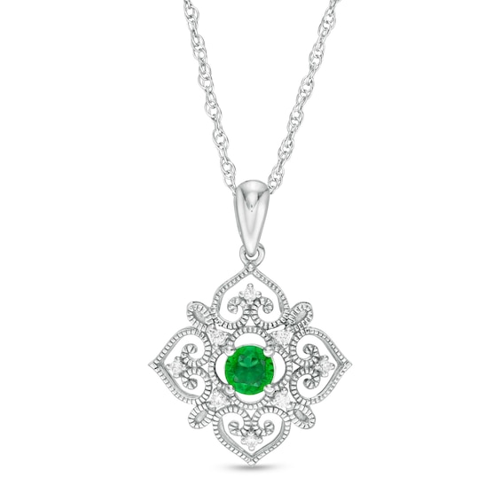 4.0mm Lab-Created Emerald and 0.04 CT. T.W. Diamond Filigree Heart Scroll Vintage-Style Kite Pendant in Sterling Silver