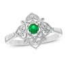 3.5mm Lab-Created Emerald and Diamond Accent Filigree Heart Vintage-Style Kite Ring in Sterling Silver