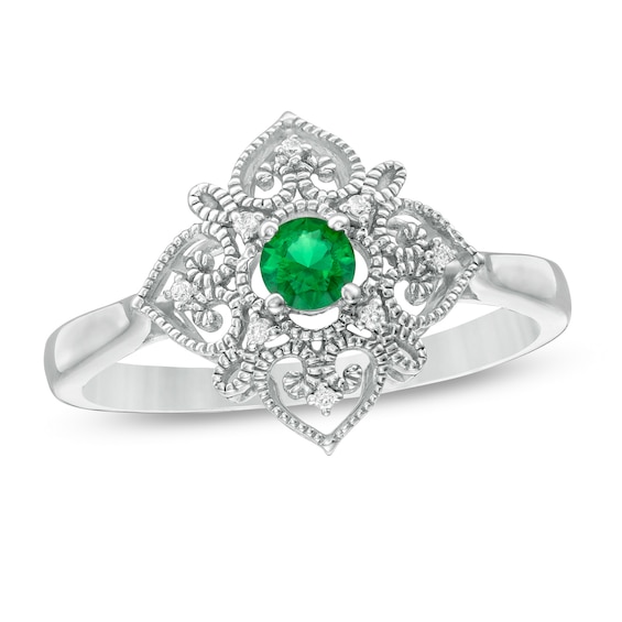 3.5mm Lab-Created Emerald and Diamond Accent Filigree Heart Vintage-Style Kite Ring in Sterling Silver