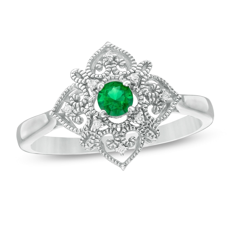3.5mm Lab-Created Emerald and Diamond Accent Filigree Heart Vintage-Style Kite Ring in Sterling Silver|Peoples Jewellers