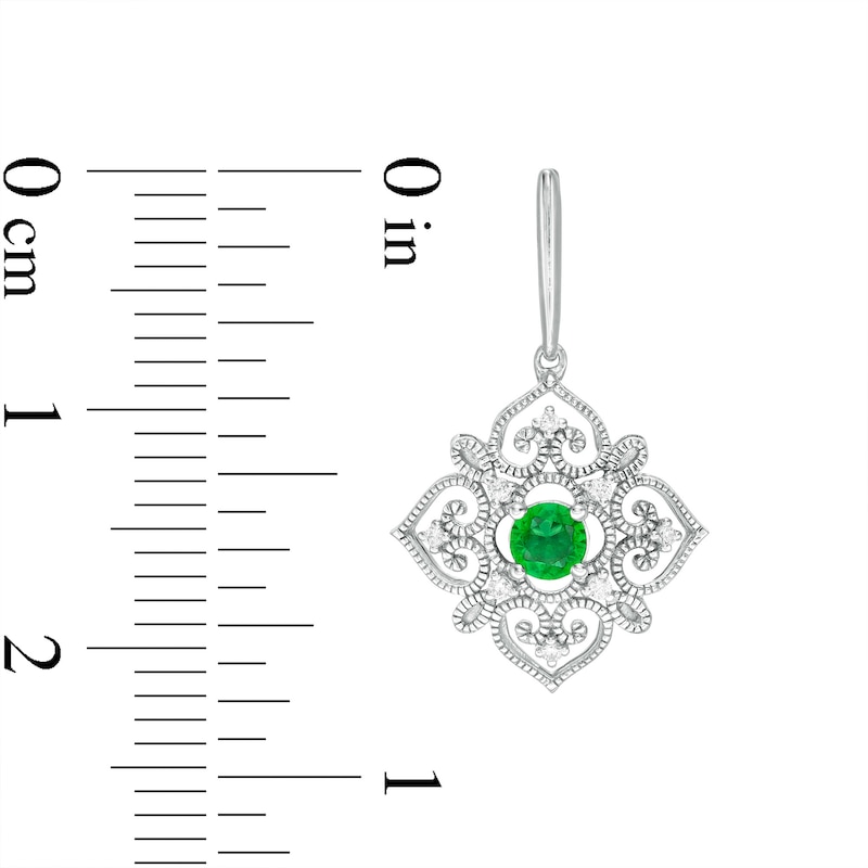 3.5mm Lab-Created Emerald and 0.04 CT. T.W. Diamond Filigree Heart Vintage-Style Kite Drop Earrings in Sterling Silver|Peoples Jewellers