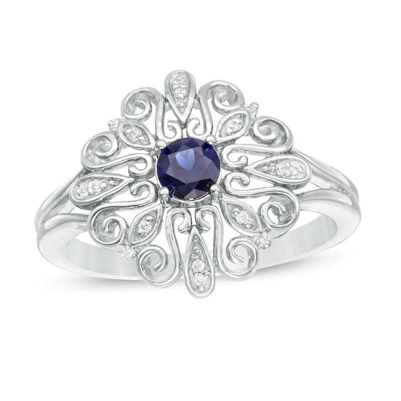 4.0mm Lab-Created Blue Sapphire and Diamond Accent Filigree Scroll Split Shank Ring in Sterling Silver|Peoples Jewellers