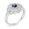 Thumbnail Image 2 of 4.0mm Lab-Created Blue Sapphire and Diamond Accent Filigree Scroll Split Shank Ring in Sterling Silver