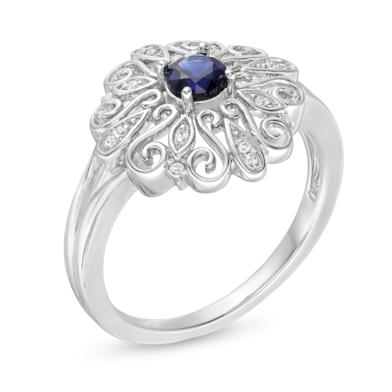 4.0mm Lab-Created Blue Sapphire and Diamond Accent Filigree Scroll Split Shank Ring in Sterling Silver|Peoples Jewellers