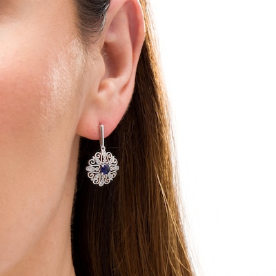 4.0mm Lab-Created Blue Sapphire and 0.04 CT. T.W. Diamond Filigree Scroll Frame Drop Earrings in Sterling Silver