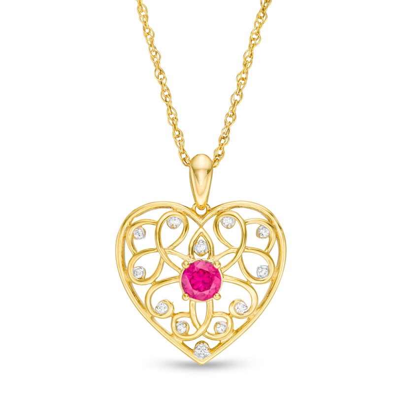 4.0mm Lab-Created Ruby and 0.04 CT. T.W. Diamond Filigree Heart Pendant in 10K Gold|Peoples Jewellers