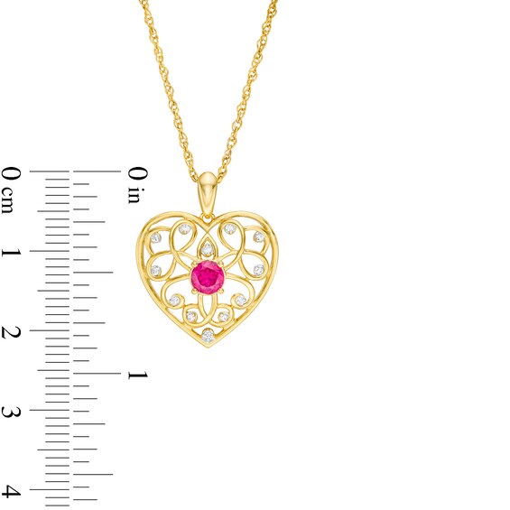 4.0mm Lab-Created Ruby and 0.04 CT. T.W. Diamond Filigree Heart Pendant in 10K Gold